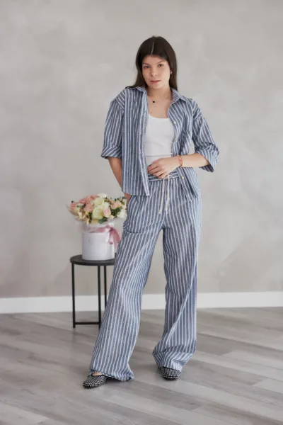 Костюм жіночий Estilo повсякдений-casual льон білий-синій 02-102