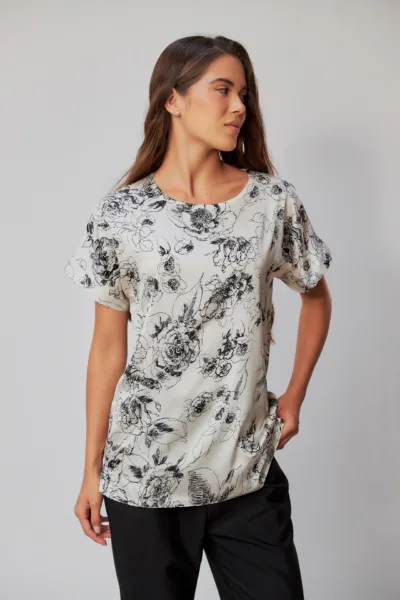 Блуза, Estilo 06-013, молочний, квітка (чорна), шовк