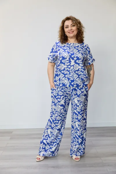 Костюм жіночий  Estilo повсякдений-casual льон єврожатка синіо-білий 02-117