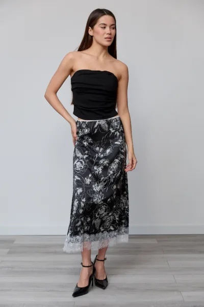 Спідниця жіноча Estilo повсякденна-casual шовк чорний квітка біла 05-056